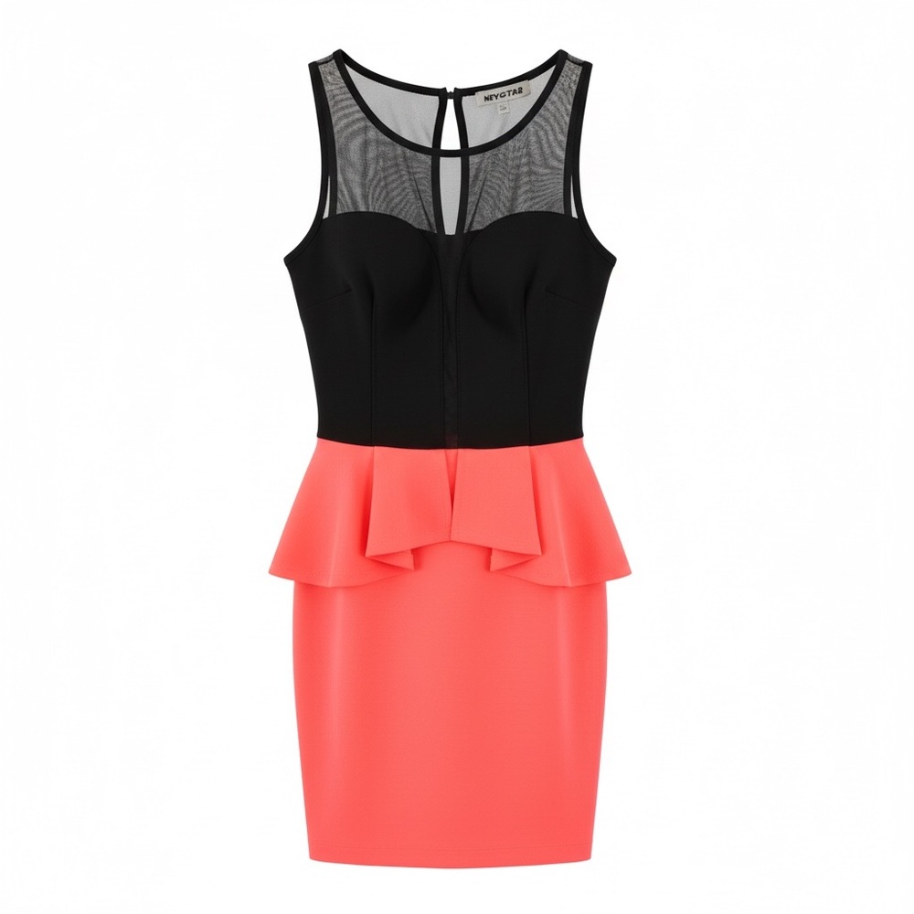 MYSTIC Black and Coral Peplum Mini Dress